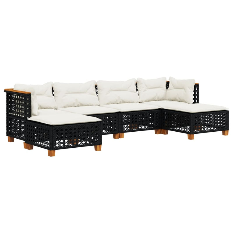 6-delige Loungeset met kussens poly rattan zwart