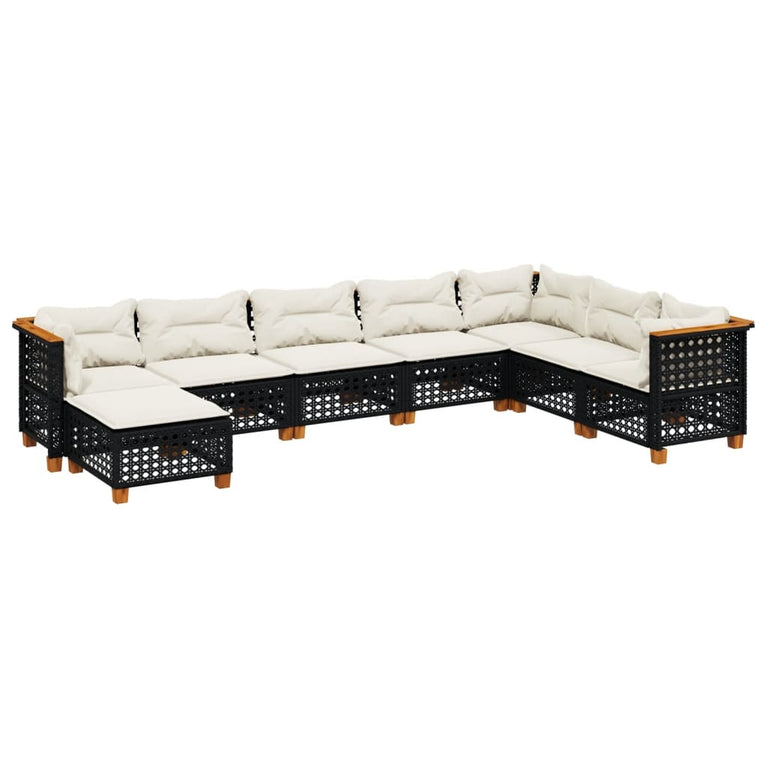8-delige Loungeset met kussens poly rattan zwart