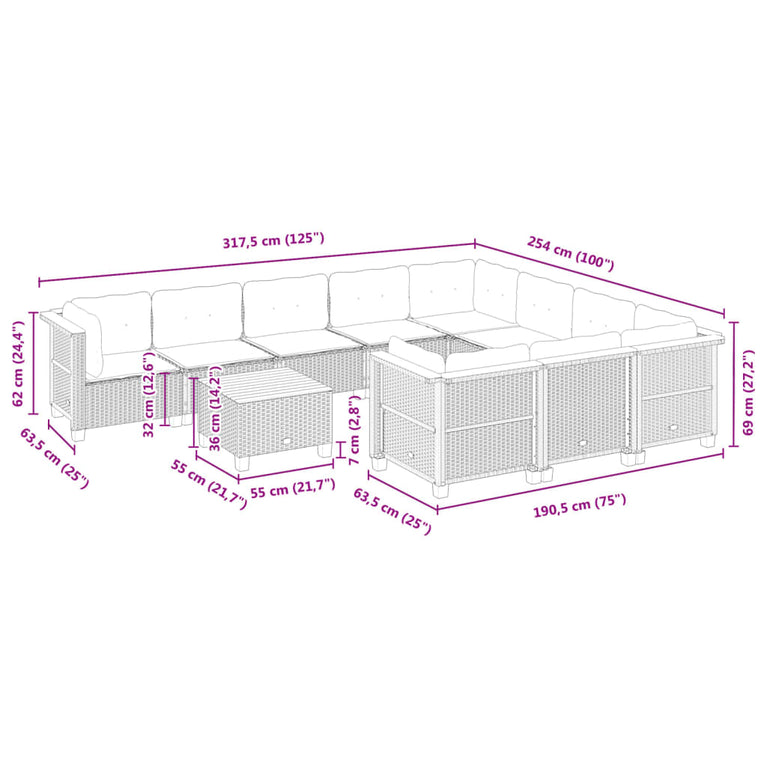 11-delige Loungeset met kussens poly rattan grijs