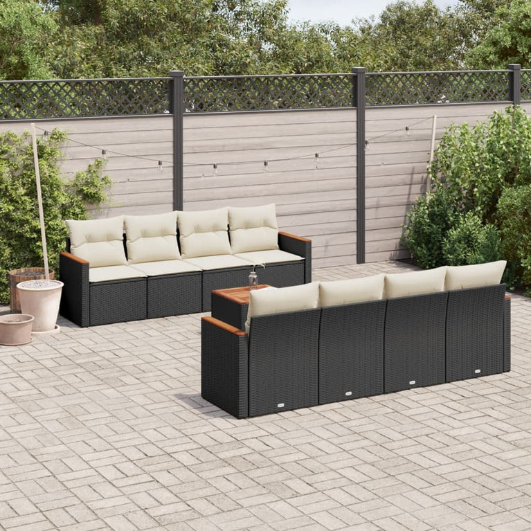 9-delige Loungeset met kussens poly rattan zwart