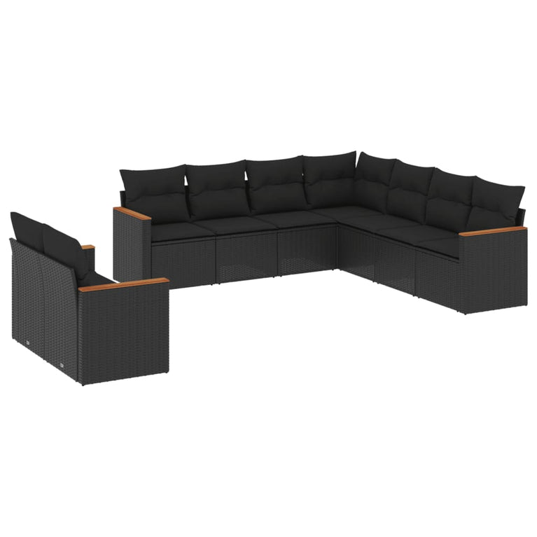 9-delige Loungeset met kussens poly rattan zwart
