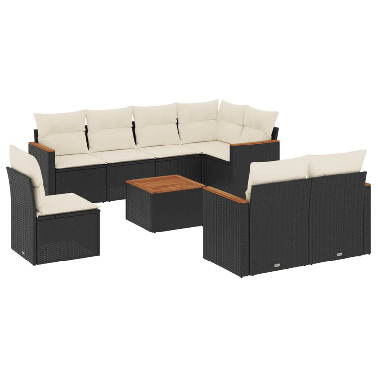 9-delige Loungeset met kussens poly rattan zwart