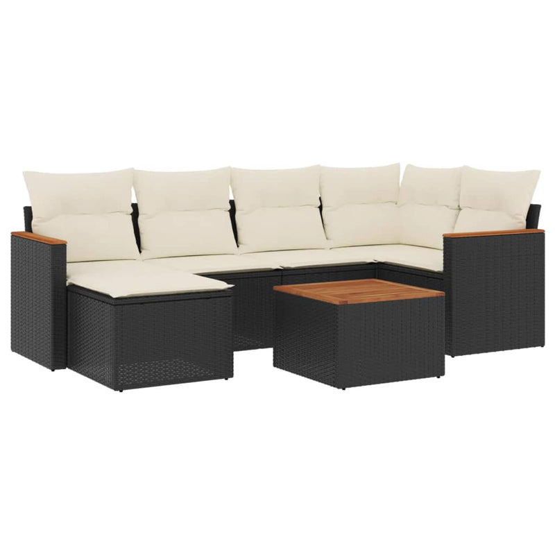 7-delige Loungeset met kussens poly rattan zwart