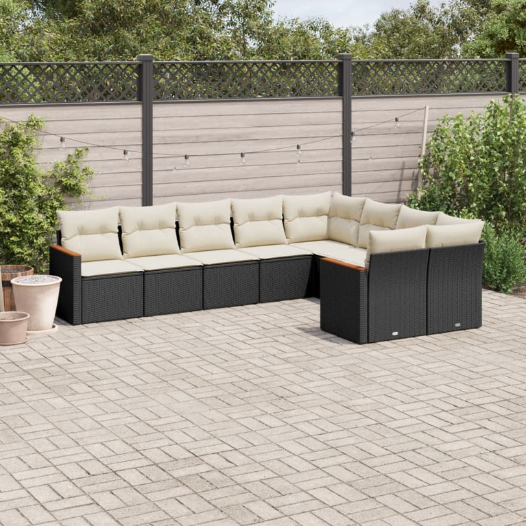 9-delige Loungeset met kussens poly rattan zwart