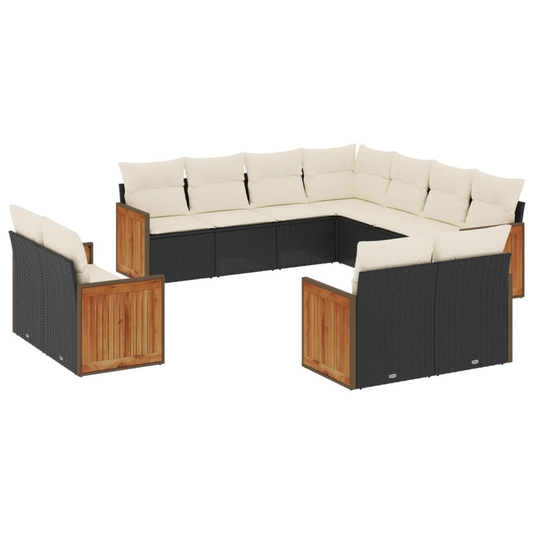 11-delige Loungeset met kussens poly rattan zwart