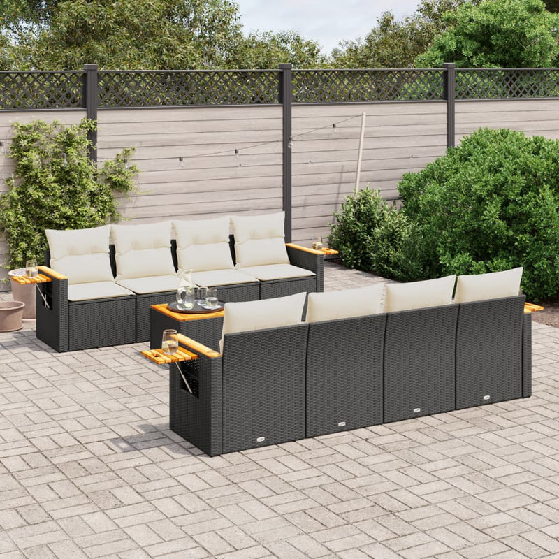 9-delige Loungeset met kussens poly rattan zwart