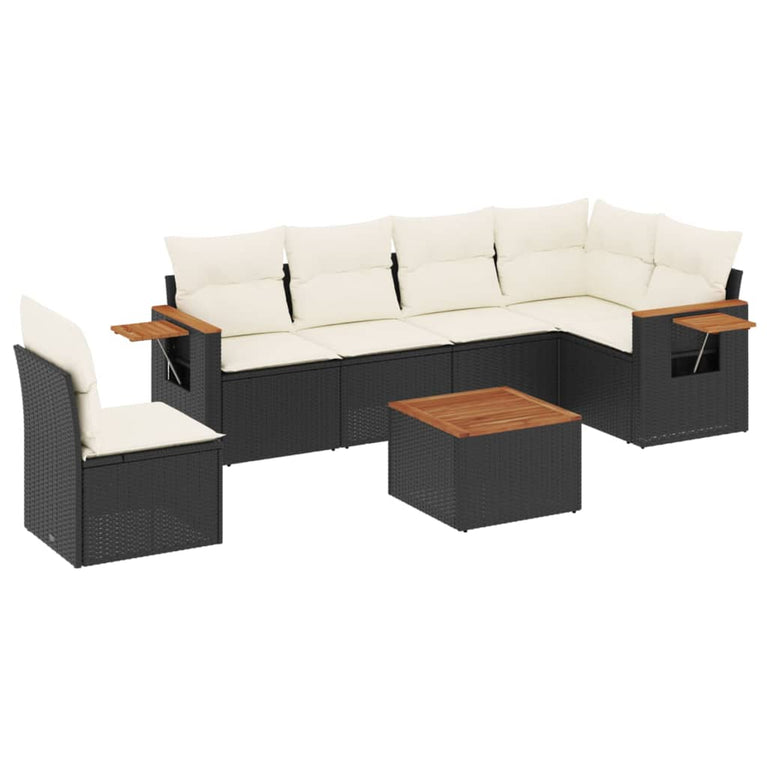 7-delige Loungeset met kussens poly rattan zwart
