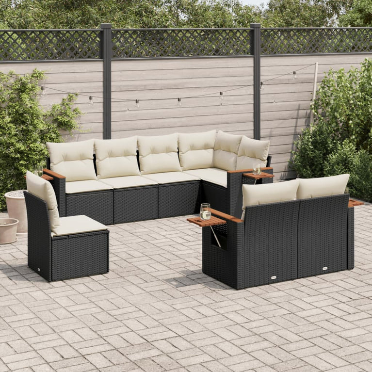 8-delige Loungeset met kussens poly rattan zwart