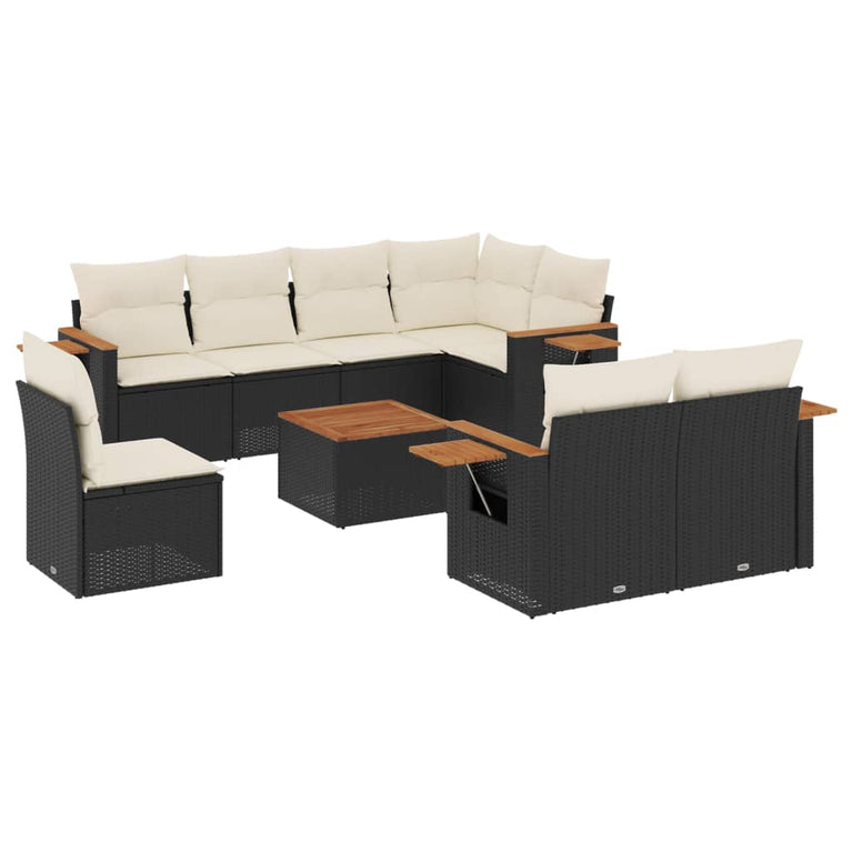 9-delige Loungeset met kussens poly rattan zwart