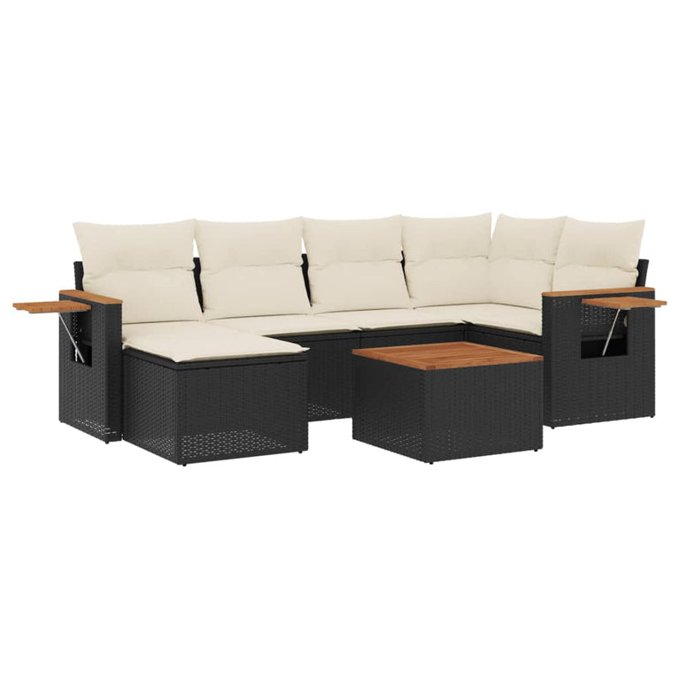 7-delige Loungeset met kussens poly rattan zwart