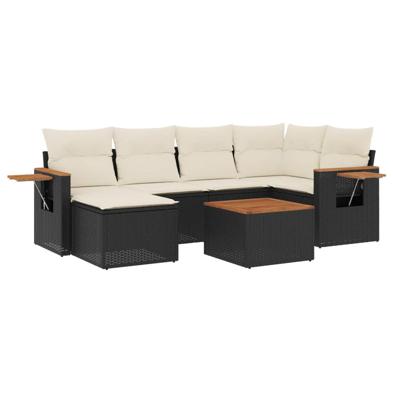 7-delige Loungeset met kussens poly rattan zwart
