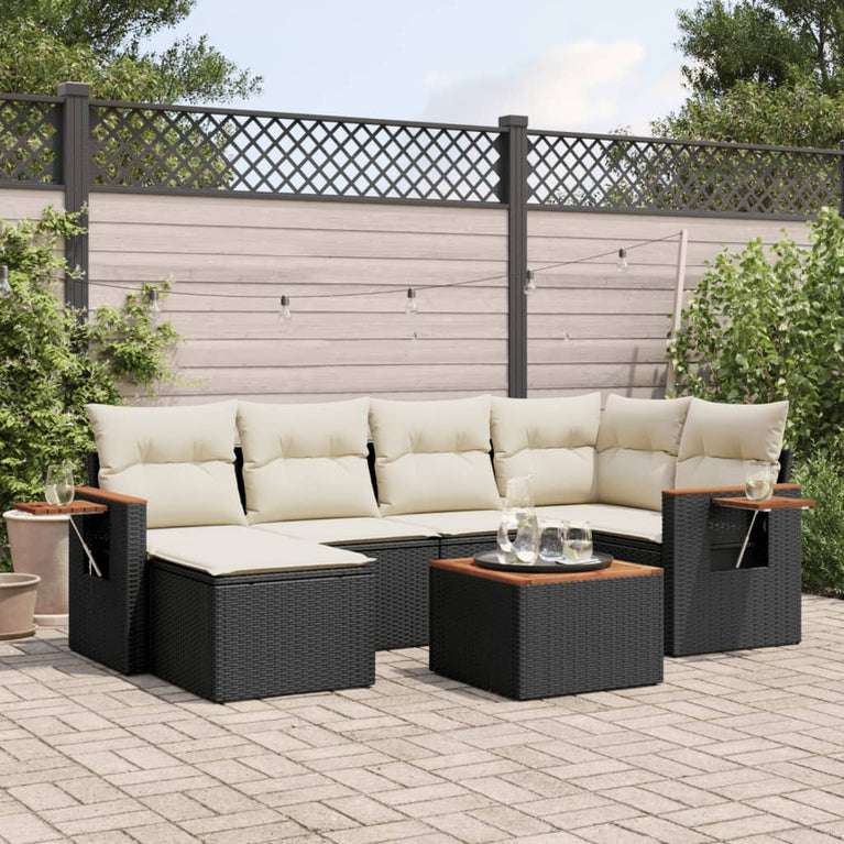 7-delige Loungeset met kussens poly rattan zwart