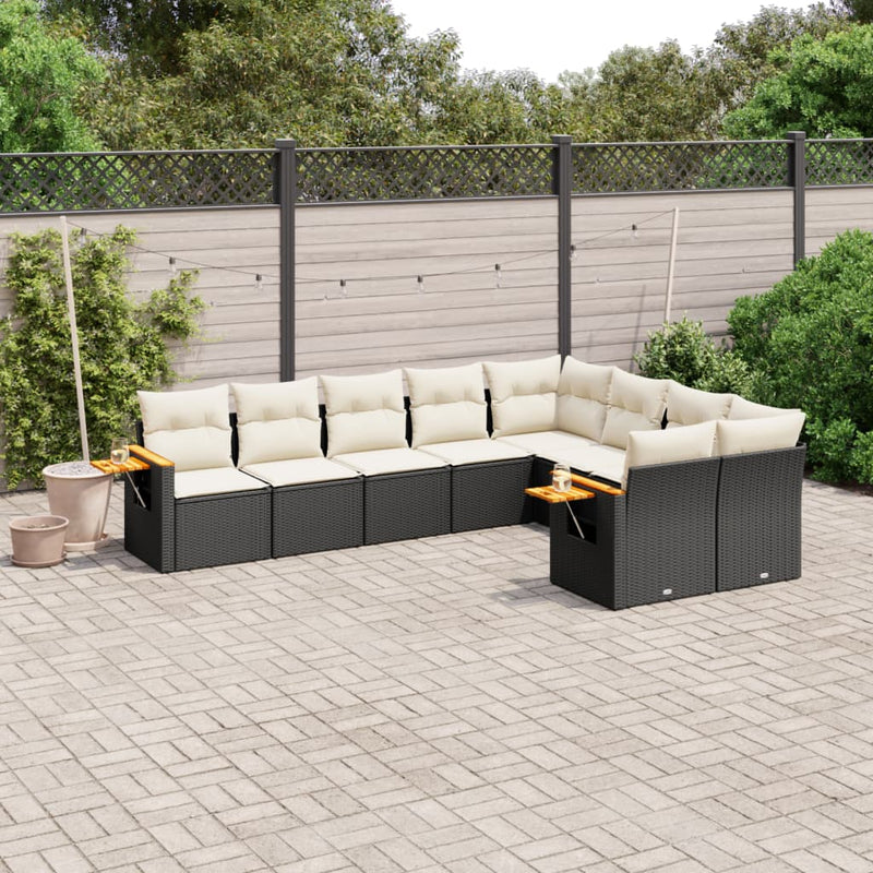 9-delige Loungeset met kussens poly rattan zwart
