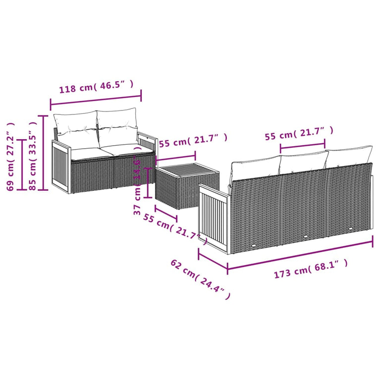 6-delige Loungeset met kussens poly rattan zwart