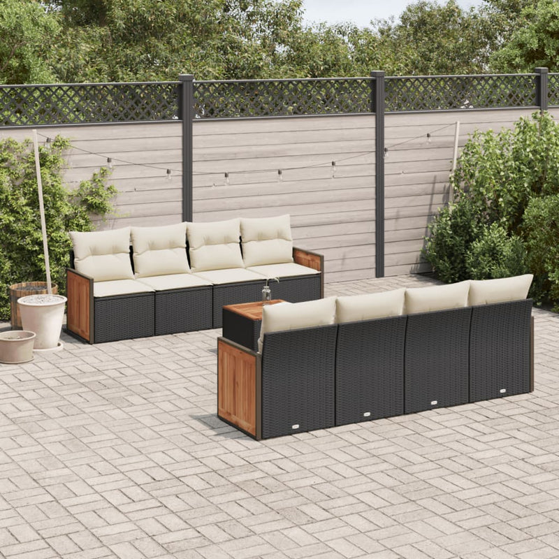 9-delige Loungeset met kussens poly rattan zwart