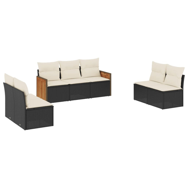 7-delige Loungeset met kussens poly rattan zwart