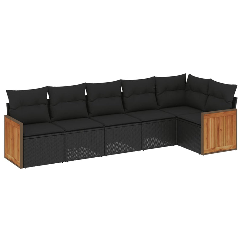 6-delige Loungeset met kussens poly rattan zwart
