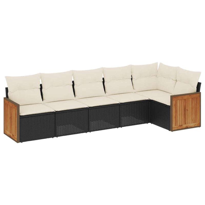 6-delige Loungeset met kussens poly rattan zwart
