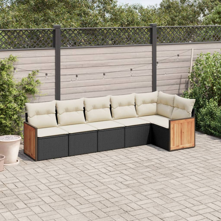 6-delige Loungeset met kussens poly rattan zwart