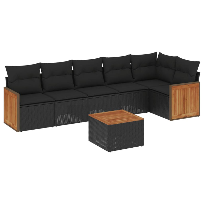 7-delige Loungeset met kussens poly rattan zwart