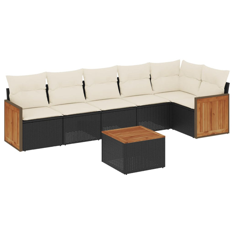 7-delige Loungeset met kussens poly rattan zwart