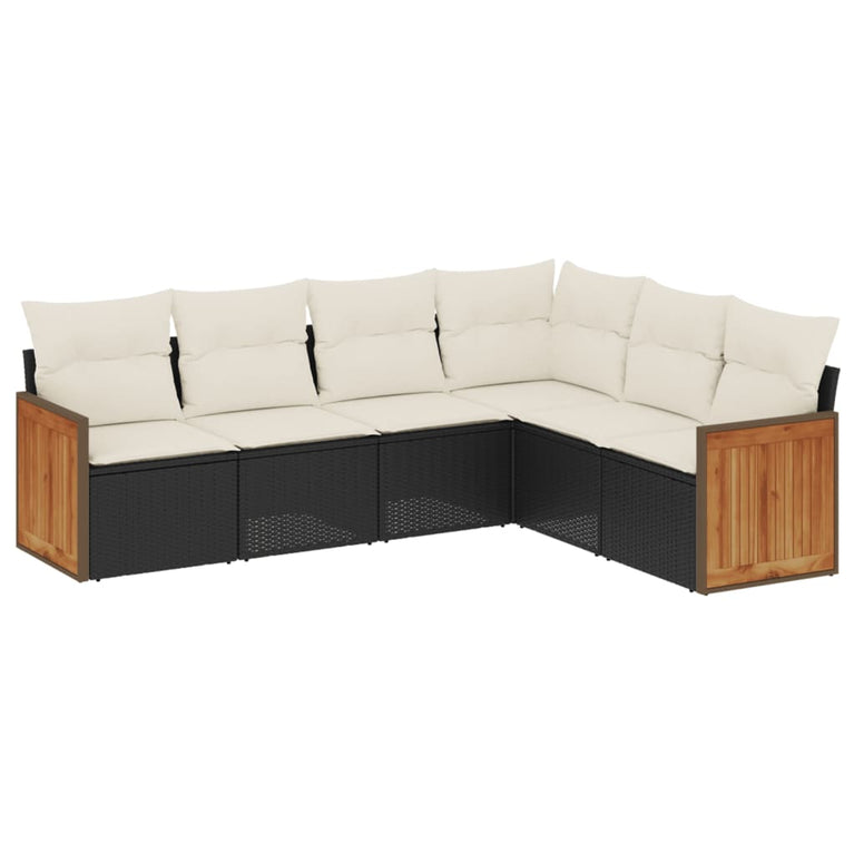 6-delige Loungeset met kussens poly rattan zwart