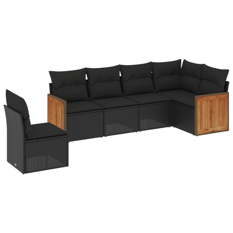 6-delige Loungeset met kussens poly rattan zwart