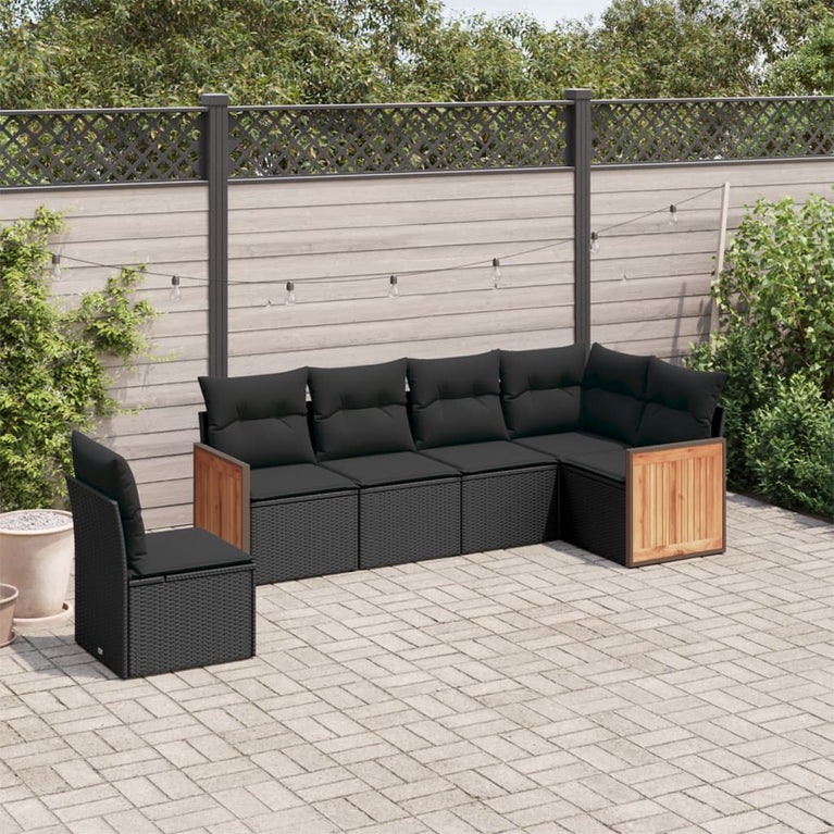 6-delige Loungeset met kussens poly rattan zwart