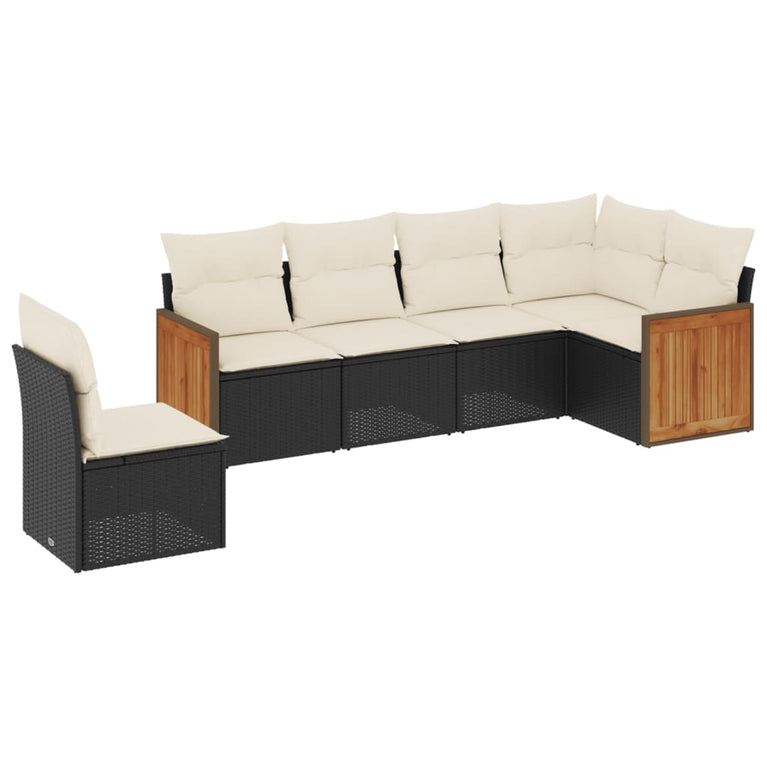 6-delige Loungeset met kussens poly rattan zwart