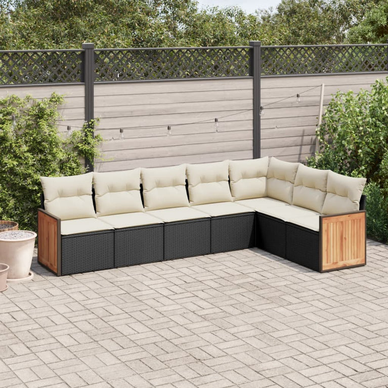 7-delige Loungeset met kussens poly rattan zwart