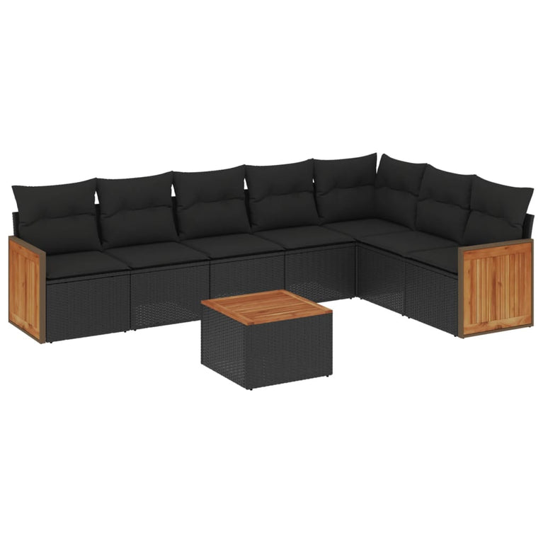 8-delige Loungeset met kussens poly rattan zwart