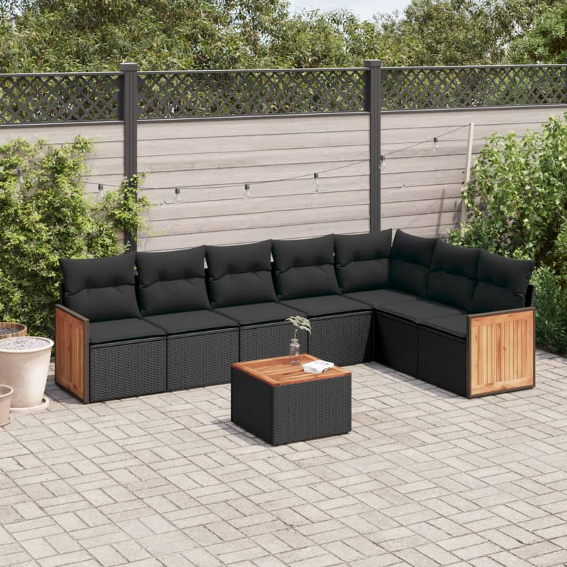 8-delige Loungeset met kussens poly rattan zwart