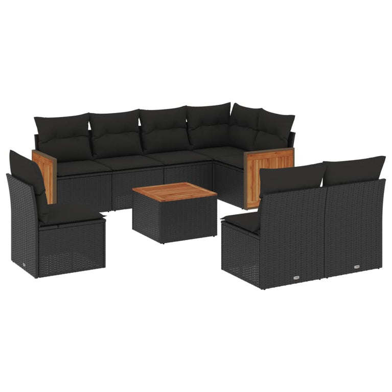 9-delige Loungeset met kussens poly rattan zwart