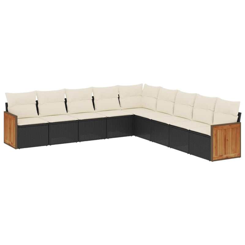 9-delige Loungeset met kussens poly rattan zwart