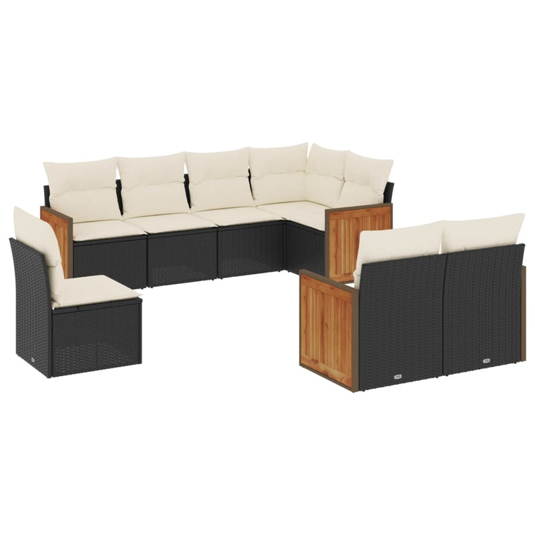 8-delige Loungeset met kussens poly rattan zwart