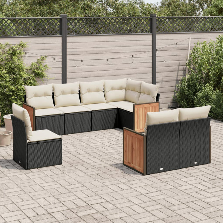 8-delige Loungeset met kussens poly rattan zwart