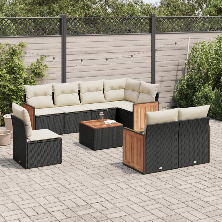 9-delige Loungeset met kussens poly rattan zwart