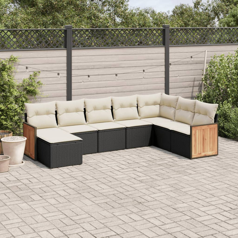 8-delige Loungeset met kussens poly rattan zwart