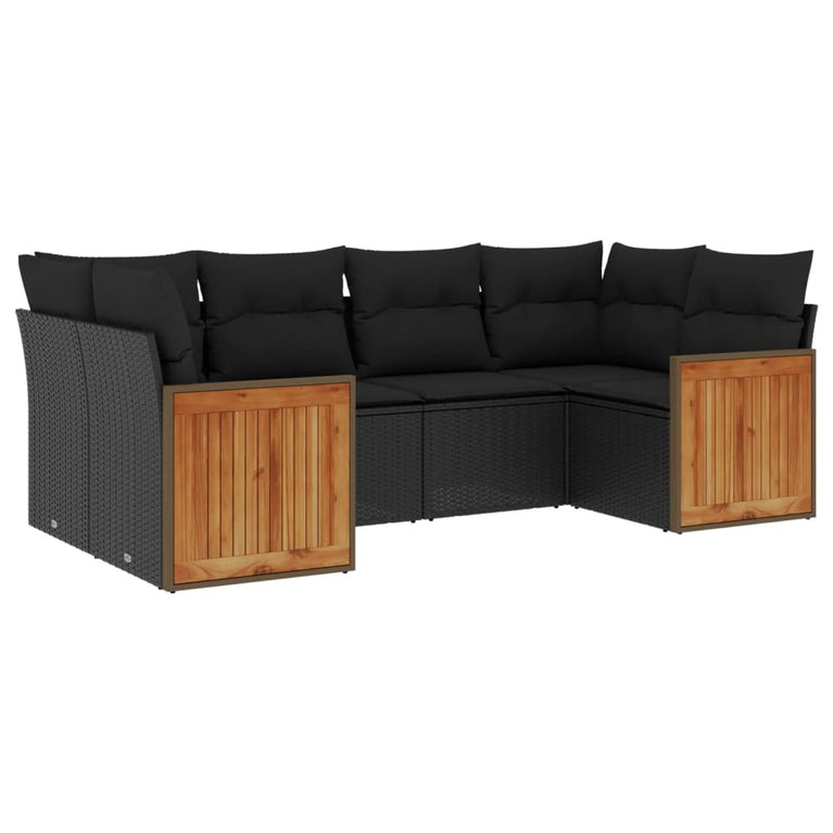 6-delige Loungeset met kussens poly rattan zwart