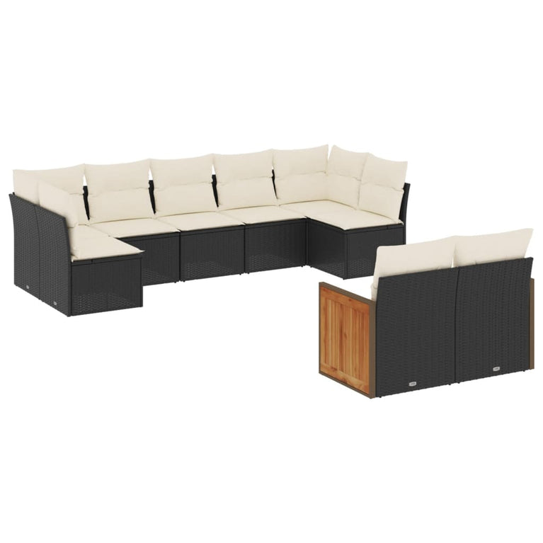 9-delige Loungeset met kussens poly rattan zwart