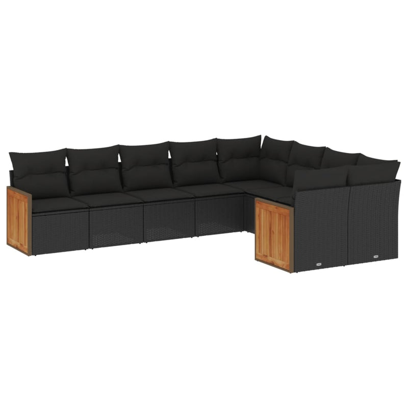 9-delige Loungeset met kussens poly rattan zwart