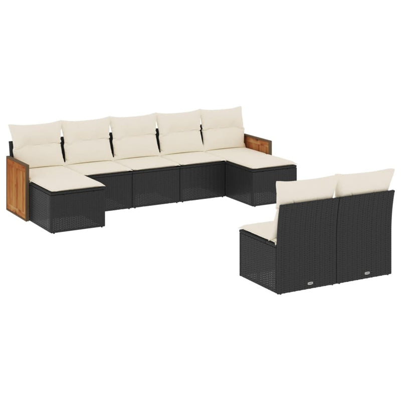 9-delige Loungeset met kussens poly rattan zwart