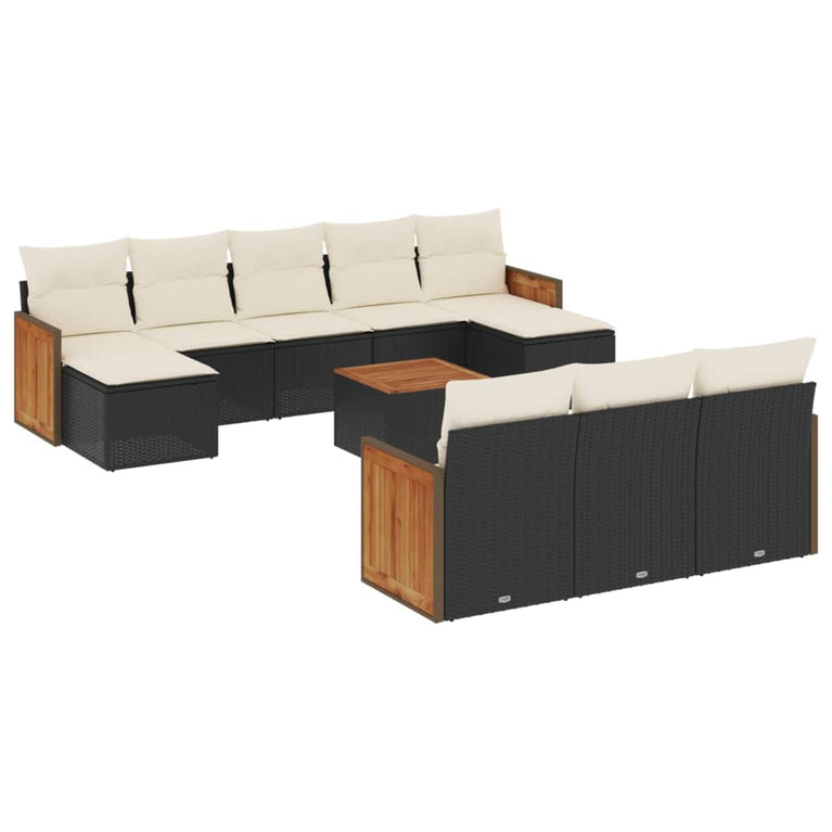 11-delige Loungeset met kussens poly rattan zwart
