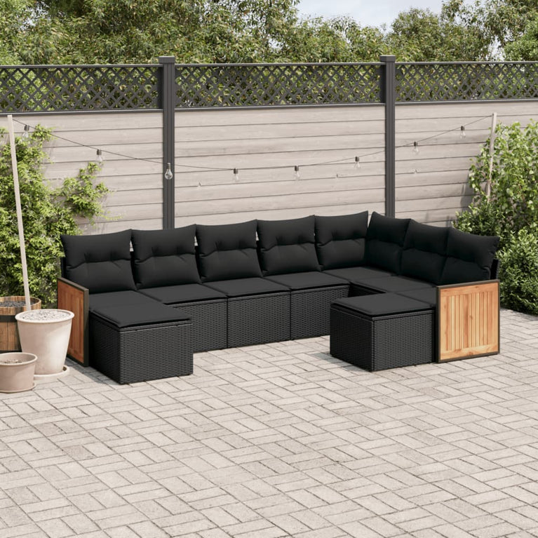 9-delige Loungeset met kussens poly rattan zwart