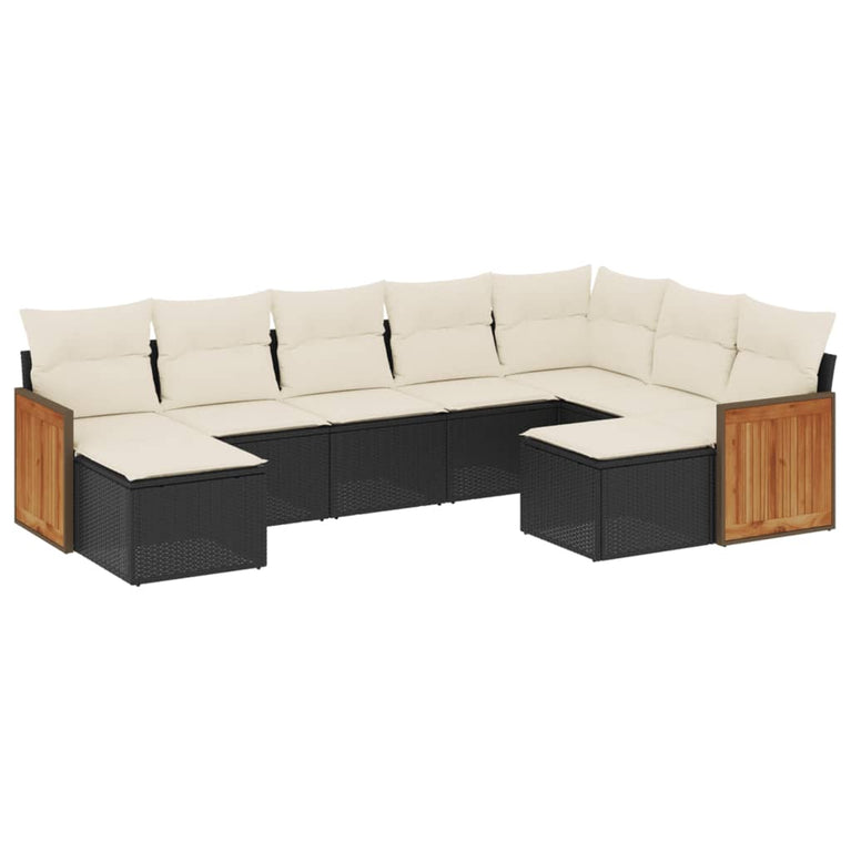 9-delige Loungeset met kussens poly rattan zwart