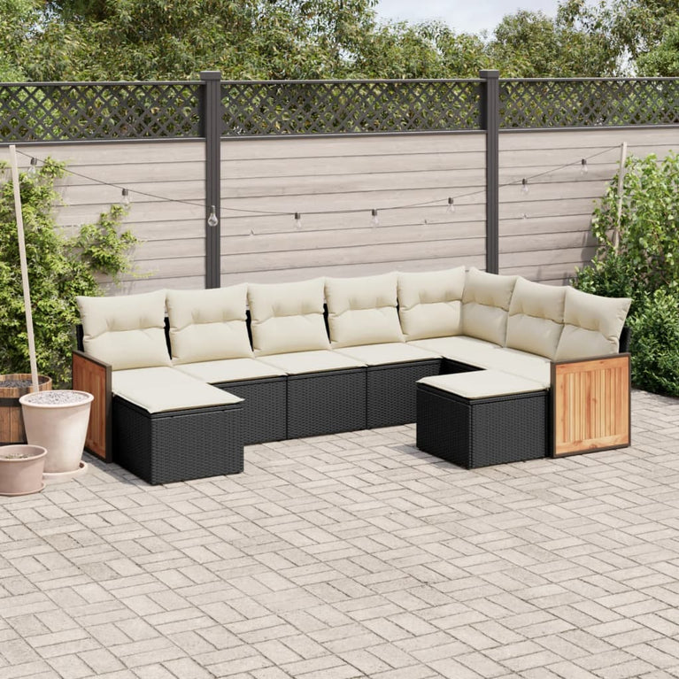 9-delige Loungeset met kussens poly rattan zwart