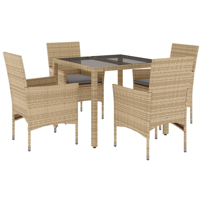 5-delige Tuinset met kussens poly rattan en glas beige