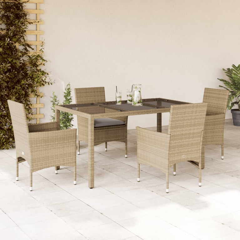 5-delige Tuinset met kussens poly rattan en glas beige