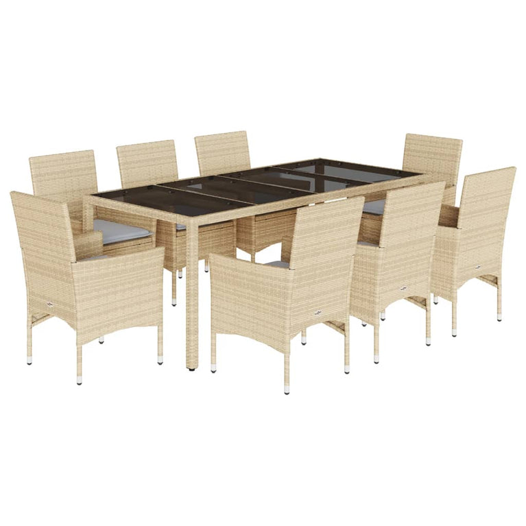 9-delige Tuinset met kussens poly rattan en glas beige