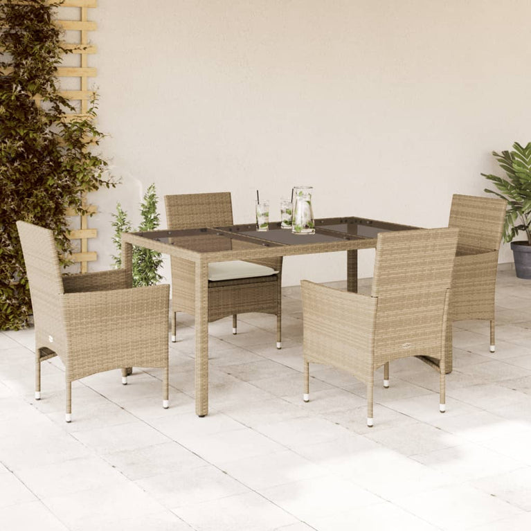 5-delige Tuinset met kussens poly rattan en glas beige